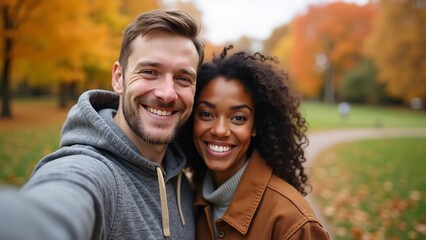 Fototapeta premium white man and black woman taking selfie against the background of a beautiful autumn park