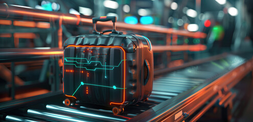 Futuristic suitcase with glowing digital lines on conveyor belt in high-tech environment. Concepts of advanced travel, innovation in luggage design, and technology integration.