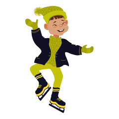 Happy boy skating. Winter outdoor activity. Hand-drawn flat vector illustration.