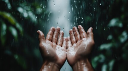 Hands catching raindrops in a dense forest, against a blurred waterfall, representing the connection to nature, refreshing rain, and the pure joy of experiencing the outdoors.