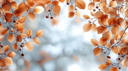 Tiny rose gold and olive green autumn leaves with mini chestnuts on a white backdrop. Minimalistic, high resolution, clear sharp focus, hyper-detailed. 