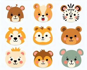 Cute animal face icon set featuring cartoon-style bear, lion, tiger, and zebra. Perfect for children's designs and educational materials.