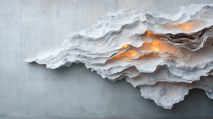 A visually striking relief sculpture with intensely textured, layered formations embedded with glowing orange lights, set against a concrete background creating a modern artistic effect.