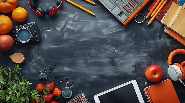 A seamless pattern of high-tech learning tools like tablets, headphones, and styluses, arranged in a neat and dynamic flow, with bright colors and soft shadows on a dark chalkboard background,