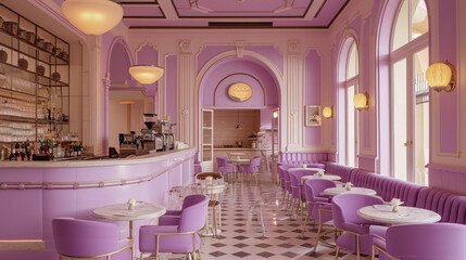 A unique and vibrant restaurant featuring striking purple tables, elegantly designed chairs, and a stunning purple bar that enhances its charm