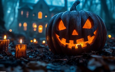 Obraz premium A spooky pumpkin with a carved face glowing in a dark forest, surrounded by candles and a haunted house.