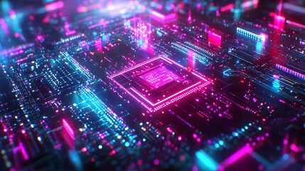 Abstract Circuit Board with Neon Lights