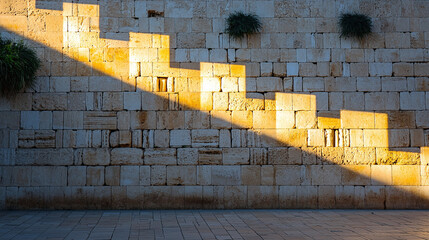 Fototapeta premium the Western Wall of Jerusalem at dusk, with soft lighting enhancing the ancient stones