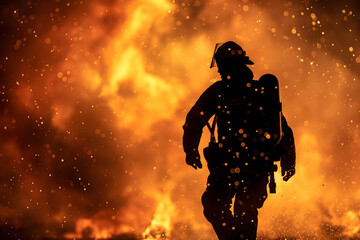 Naklejka premium Brave Firefighter Tackling Intense Blaze During a Dangerous Fire Operation