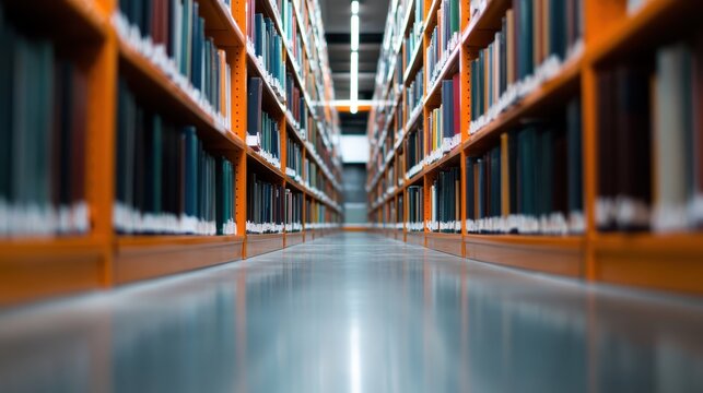 Endless rows of bookshelves stretching out in a large, well-lit library, showcasing the extensive collection and the orderly arrangement of books available for public usage.