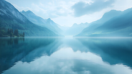 Fototapeta premium Serene Mountain Lake Landscape at Dawn with Mist and Reflections