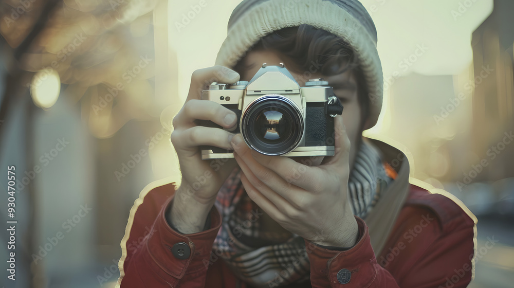 Wall mural photographer take pictures snapshot with camera. man hand holding with camera looking through lens.c