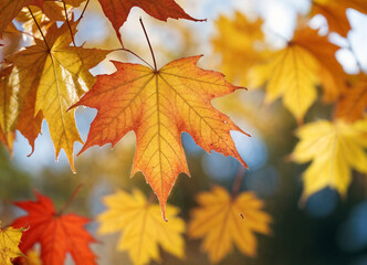 Obraz premium Autumn colored maple tree branch isolated at the edge of an empty sunny blue sky, blurry yellow and orange bright fall leaf background with copy space