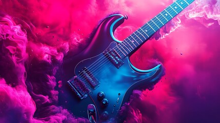 Obraz premium Vibrant Guitar Performance: Expressive Design on Magenta Background with Swirling Colors and Light Fog for Creative Projects
