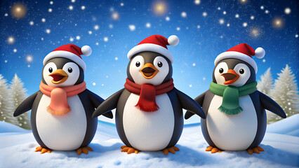 Fototapeta premium Cute Christmas singing penguins - Christmas card 