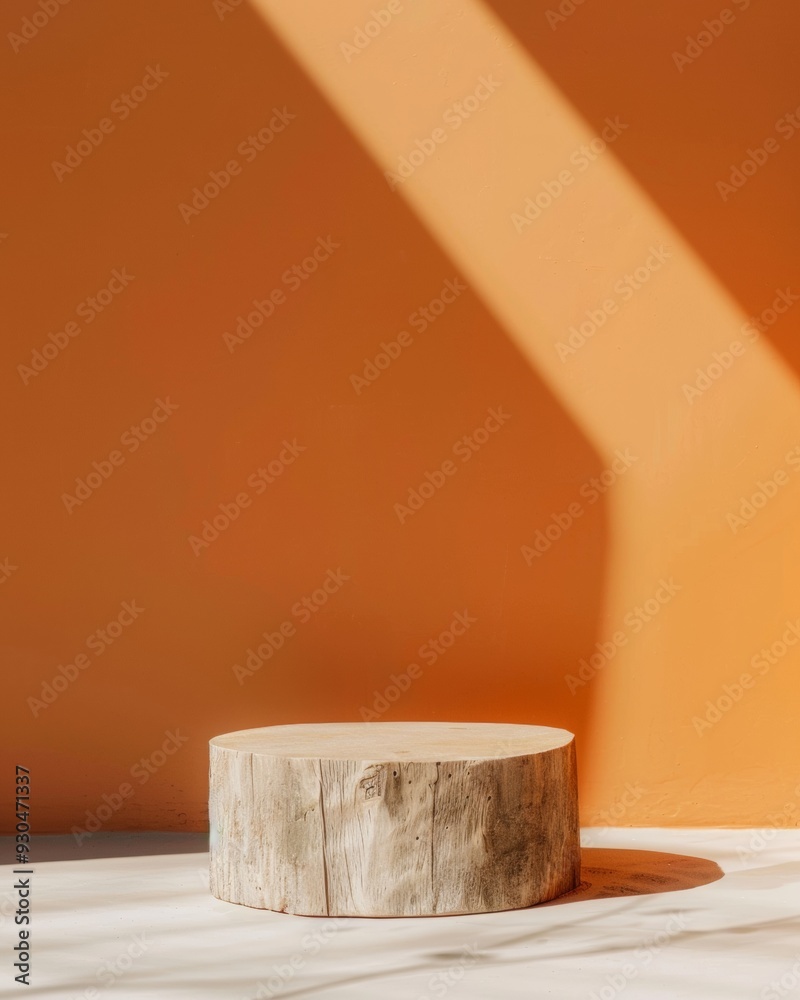 Poster minimalist wood podium on bright orange gradient background with subtle glow and spotlight effect