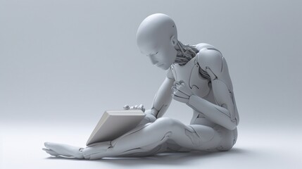 a robot sitting on the floor reading a book