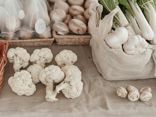 Morning Farmers Market Stall with Fresh Organic Produce Including Lions Mane Mushrooms, Engaging in Sustainable and Healthy Eating Trends