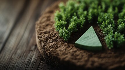 A close-up view of a miniature forest section represented on a wooden disc, featuring a small triangular cut-out to represent the delicate balance between nature and human interruption.