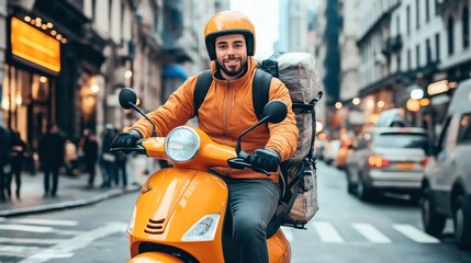 Man in an orange helmet and jacket delivering parcels on an orange scooter in a busy urban street.