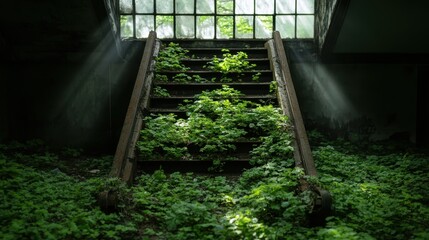 An old stairway carpeted with vibrant green plants climbing up towards a glass window, illustrating nature's dominance over man-made structures.