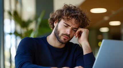 Fototapeta premium a recent graduate in a casual setting, looking disappointed while scrolling through job listings on a laptop