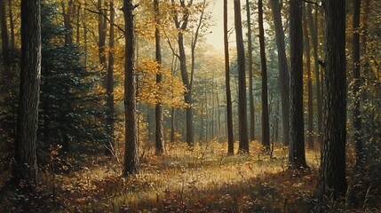 Fototapeta premium A Sunlit Forest Path Through Tall Trees in Autumn