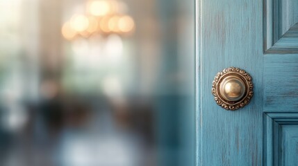 An intricate golden knob on a blue wooden door that is slightly open, offering a blurred glimpse into a luxurious room adorned with a classic chandelier and warm lighting.