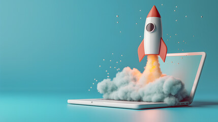 Creative Startup Concept with Rocket Launching from Laptop Screen