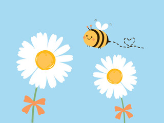 Daisy flower, ribbon bow and bee cartoon on blue background vector.