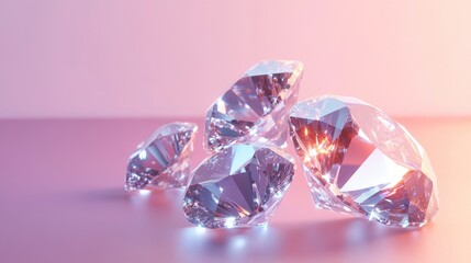 A cluster of abstract diamonds floating in a minimalist setting with gradient lighting, providing copy space for luxurious branding or messaging.