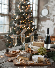 Elegant Christmas Cheese Platter with Champagne and Festive Decor