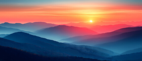 Obraz premium Majestic Sunset Over Layered Mountain Ranges