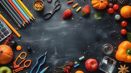 A seamless pattern of primary school items like large crayons, colorful scissors, and glue sticks, arranged in a dynamic and overlapping layout, with bold colors and a dark chalkboard texture,