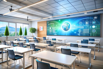Glossy AI Enhanced Education Background: Modern Classroom with Innovative AI Learning Tools and Interactive Whiteboards, Technology-Driven Learning Environment Focused on Engagement and Innovation - S