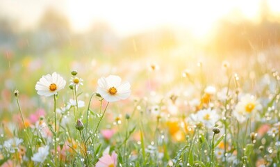 Dewy Fresh Flowers in Early Morning Light Close-Up of Delicate Blooms in Vibrant Colors, Capturing Refreshing Beauty and Life