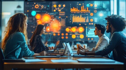 business team Innovative Tech Solutions Collaborative Start-up Success with Creative Ideas and Digital Interfaces