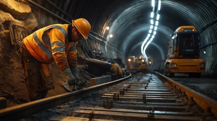 Construction worker adjusting a rail track inside a tunnel, wearing safety gear including a hard hat and reflective vest with construction machinery visible in the background.