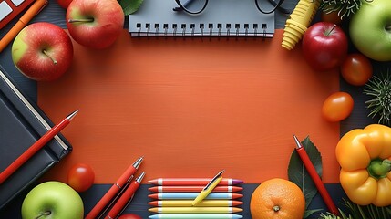 A seamless pattern of red pens, apples, and stacks of graded papers, arranged in a balanced and organized grid, with warm tones and soft lighting, hd quality, educational and traditional theme.
