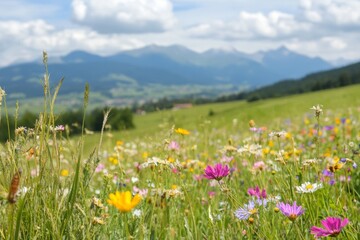 Obraz premium Colorful Flower Meadow in Front of Scenic Mountains with Blooming Wildflowers at Daytime