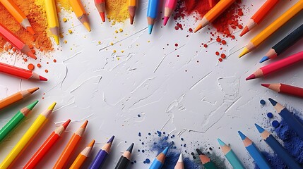 A seamless pattern of scattered colored pencils and crayon pieces, with soft shadows and subtle texture on the surface, lively and playful design, hd quality, sharp details. --ar 16:9 --v 6.