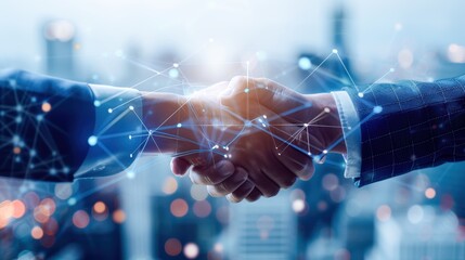 A close-up of a business handshake with a digital network overlay, symbolizing partnership and collaboration in a modern world.
