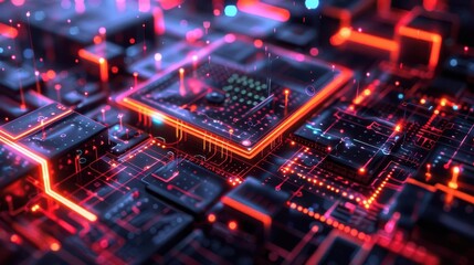 Obraz premium Vibrant close-up of a circuit board featuring intricate details and glowing lines, showcasing modern technology and innovation.