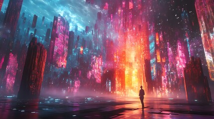 A lone figure stands in a futuristic cityscape made of glowing columns.