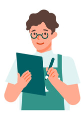 Working man. Concept for Problem Solving. Man cartoon character. People face profiles avatars and icons. Close up image of man writing.