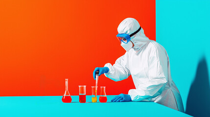 a scientist handling chemical solutions in a lab, wearing protective gear and working with various lab apparatus