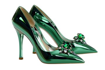 a pair of shiny green high heeled shoes
