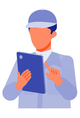 Working man. Concept for Problem Solving. Man cartoon character. People face profiles avatars and icons. Close up image of tablet man.