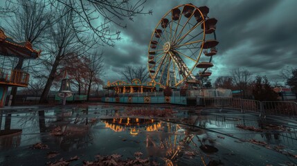 Old carnival with a ferris wheel on a cloudy night. 3D rendering