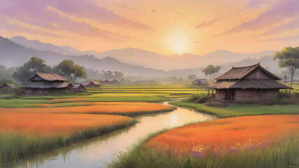Fototapeta premium Sunrise illuminating a peaceful village surrounded by lush rice fields.